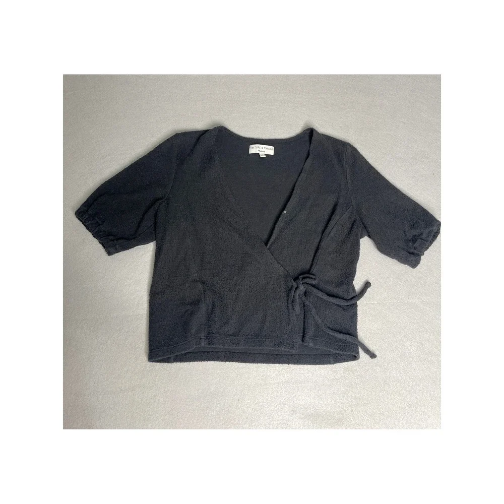 Madewell Texture And Thread Black Wrap‎ Tie Short-Sleeve Top